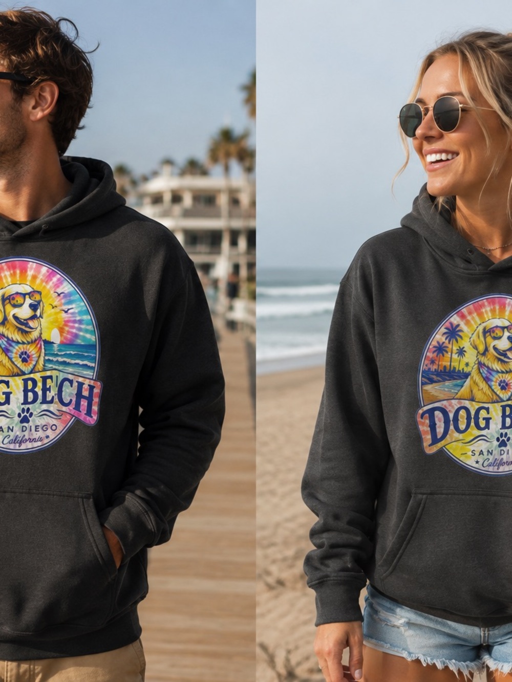 Gildan Charcoal Hoodie with Colorful Dog Beach Graphic